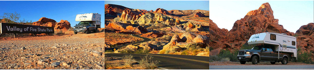 Three photos of Valley of Fire State Park and a camper.